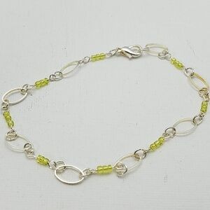 Silver Tone Ankle Or Wrist Bracelet 9" Yellowish Green Bead